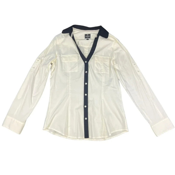 Express Essential‎ Women's Medium White Contrast Collar Long Sleeve Button-Up - Picture 1 of 3